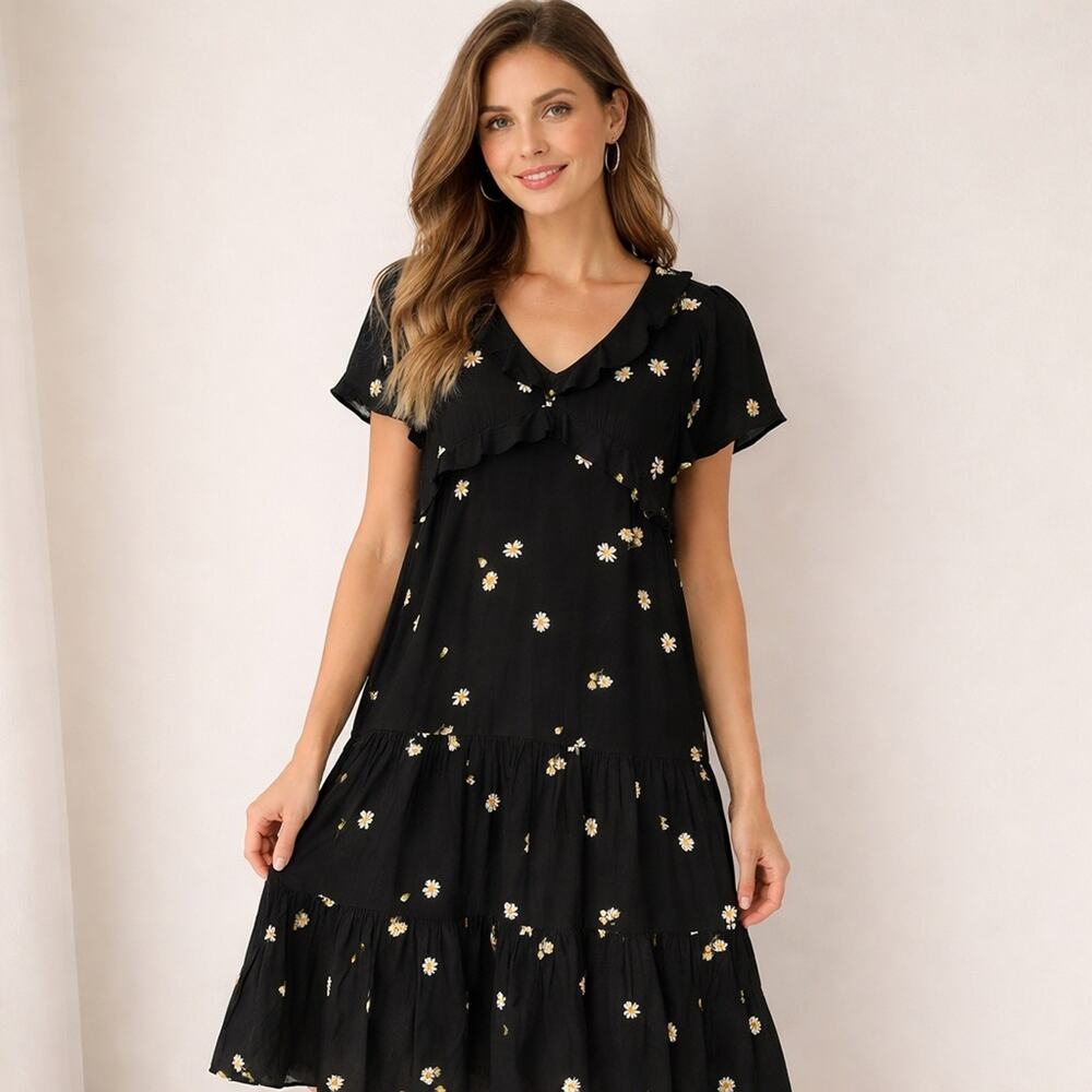 Madewell Maxi Boho Midi Black Dress in The Lazy Daises Print Womens 12